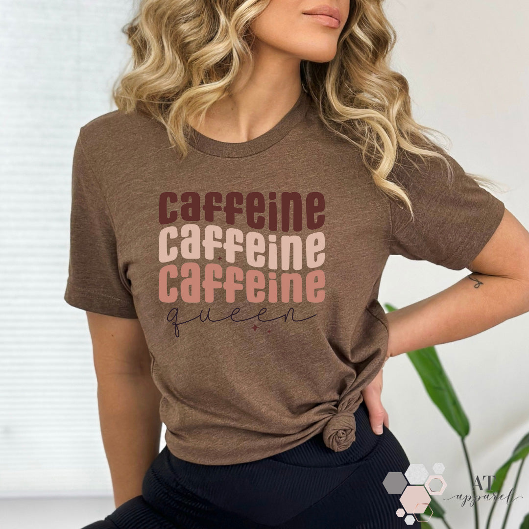 Woman wearing Caffeine Queen Tee in Heather Brown