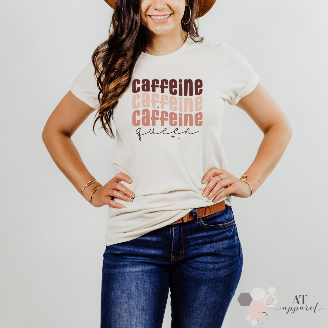 Woman wearing Caffeine Queen Tee in Heather Natural