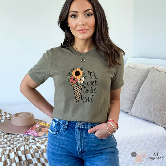 It's Cool To Be Kind Tee in Heather Olive