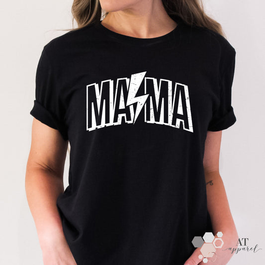 Woman wearing Lighting Mama Tee in Black with white print